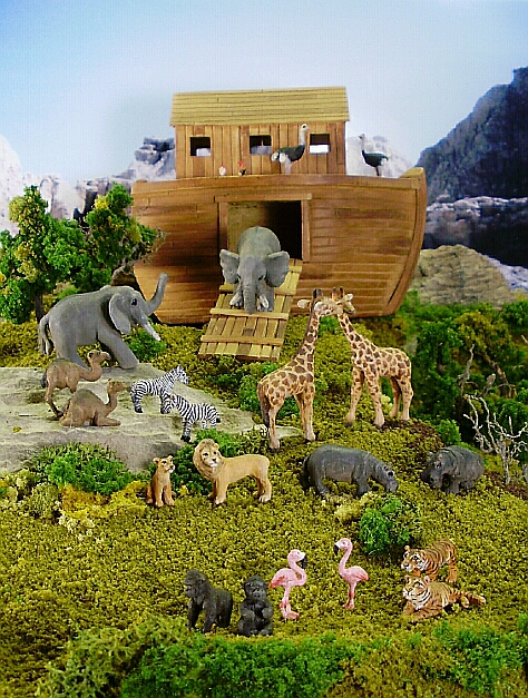 Custom hand carved wood miniature 1:144 scale Noah's Ark diorama.