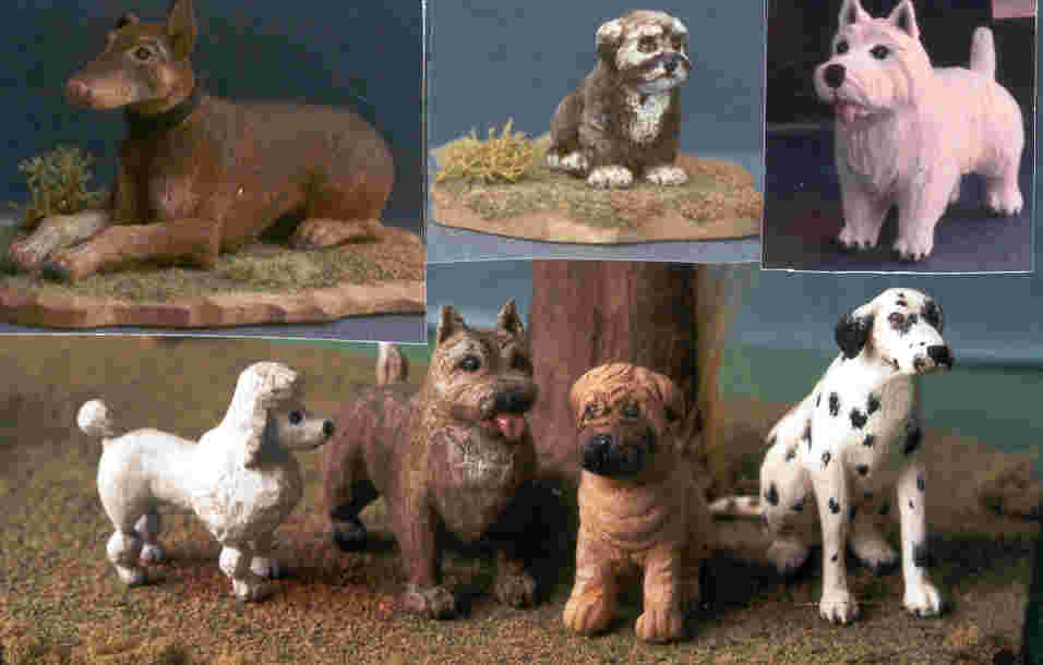 hand carved wooden miniature dogs